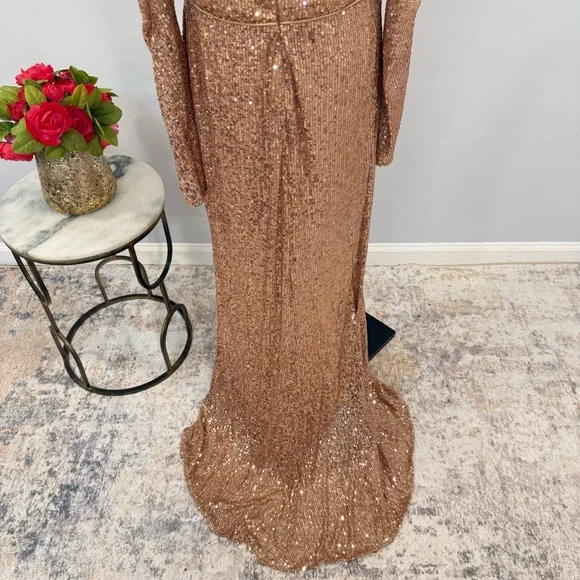 Mac Duggal Sequin High Neck Juliet Puff Long SleeveTrumpet Column Gown Copper